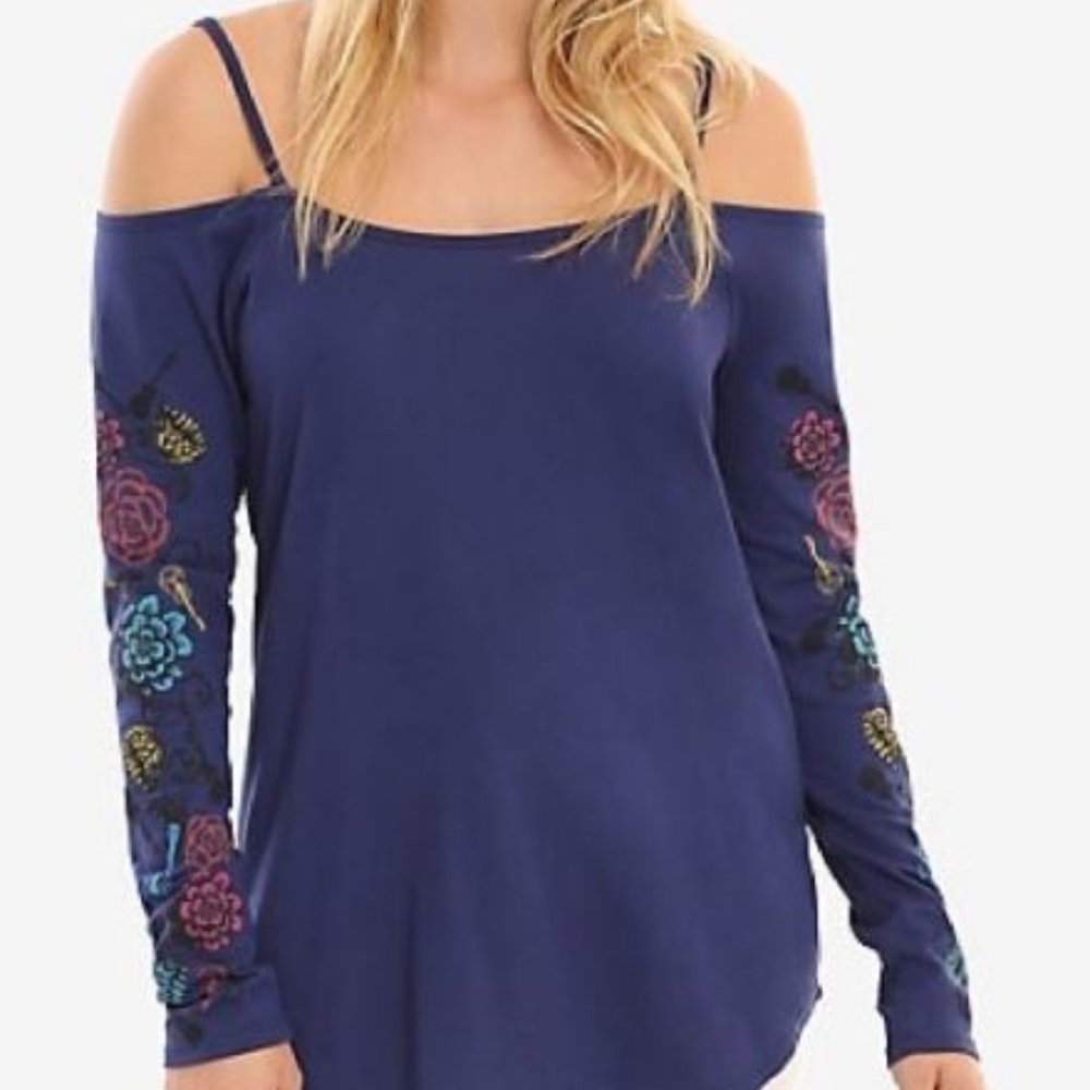 Disney Pixar Coco Navy Blue Floral Cold Shoulder Top Sz Small